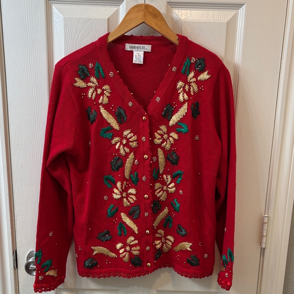 Vintage Red Beaded Maximalist Elegant Christmas Cardigan Sweater Size‎ M